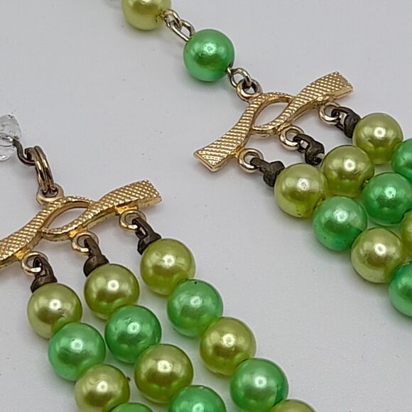 Vintage Green Faux Pearl Clear Bead Necklace, 1950s, Three Strands, 18" - Picture 9 of 13